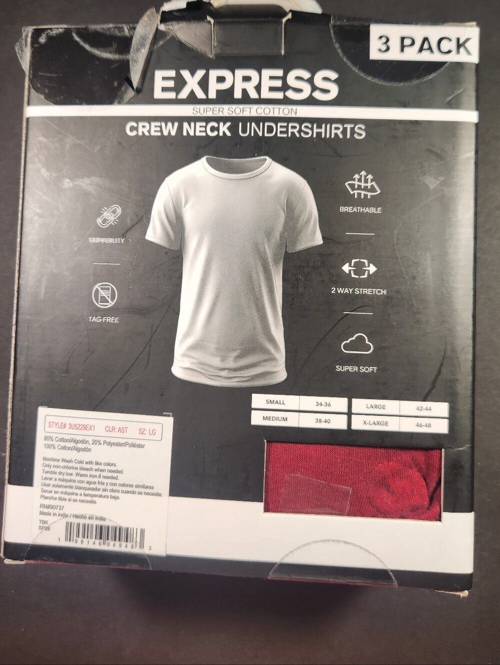 NWT Men's Express 3-Pack Crew Neck Undershirts – White, Black, Red - Picture 6 of 7